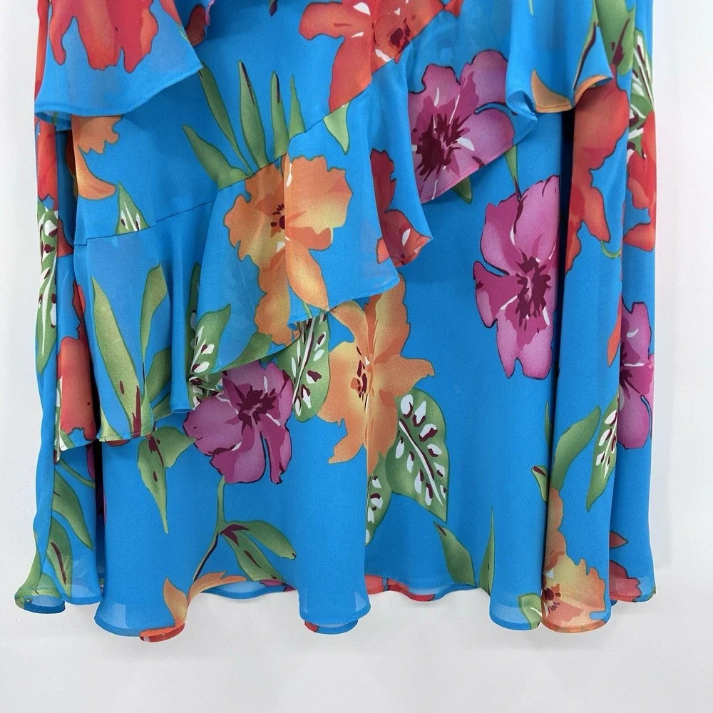 Chaps Womens Tropical‎ Floral Ruffled Midi Skirt Size L Blue Bloomcore Fairy